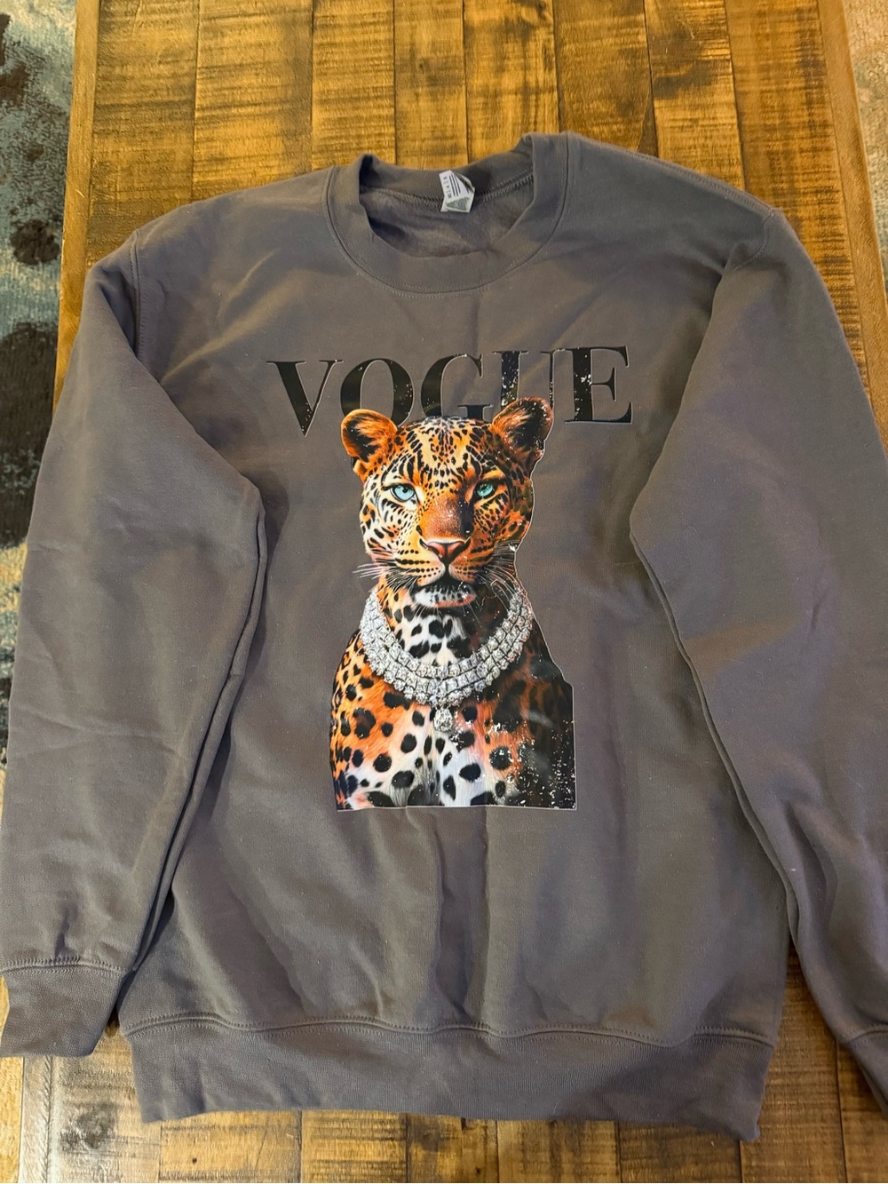 Vogue Gray Crewneck Sweatshirt with Jeweled Leopard Graphic